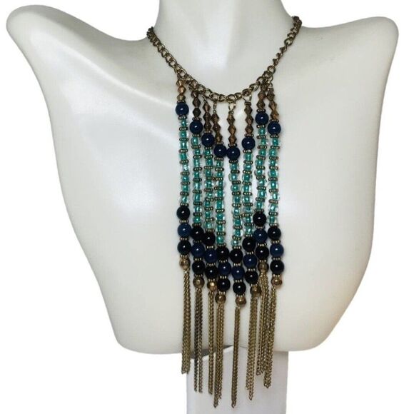 Navy And Light Blue Glass Beaded Dangle Fringe Gold Tone Vintage Necklace 23” - Picture 2 of 11